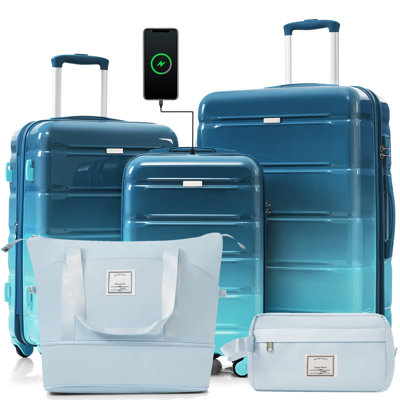 Luggage Sets 5 Piece, 20-Inch With USB Port, ABS Durable Suitcase With Travel Bag, ABS+PC Hard Shell Luggage With Spinner Wheels, Blue