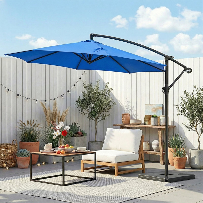 3 Piece Outdoor Patio Set with 10 Ft Cantilever Outdoor Umbrella with Base, Blue 