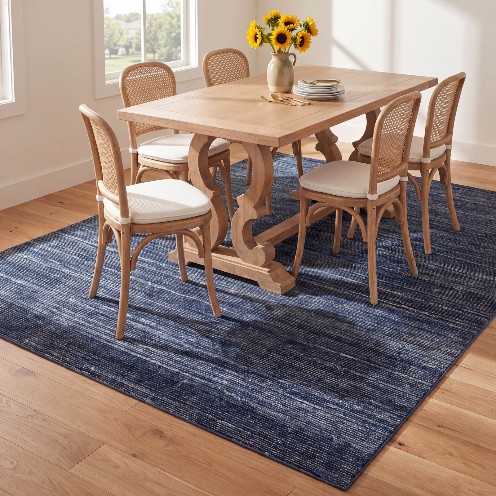 Caron Navy Hand-Woven Striped Rug, Rectangle 12' x 15'