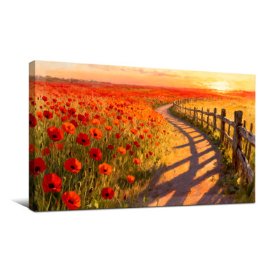 Plants &Flowers Poppy Field Sunset Path Fence Landscape Art Print