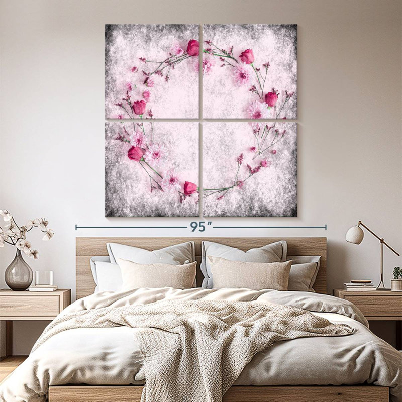 "Flower Pink Flower Wreath", ensemble de 4 reproductions sur toiles par Pink Sherbet, H 74 po x l 74 po x P 1,25 po
