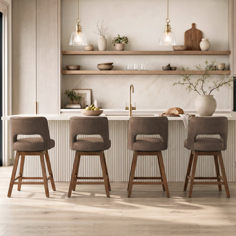 Tabouret de bar pivotant en similicuir avec structure en bois massif (ensemble de 6), Brun foncé / similicuir, 6, Noyer foncé