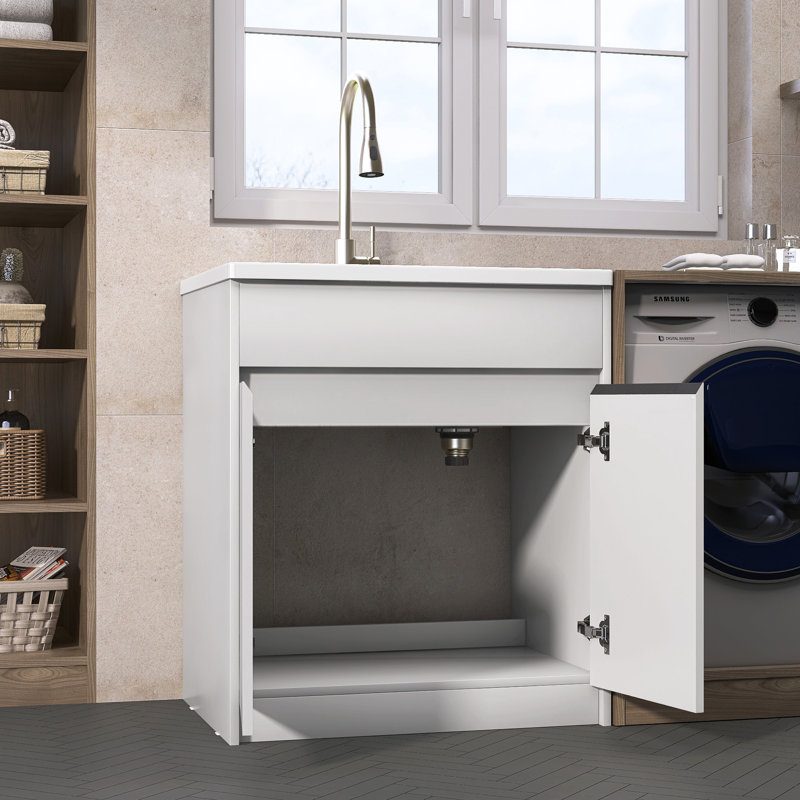 36'' L X 30'' W Kitchen Sink Laundry Soild Surface Sink With Vertical Storage Cabinet, Perfectly Combining Practicality And Aesthetics