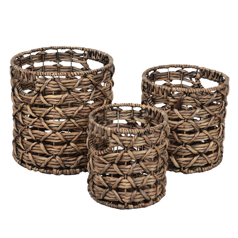 Lattice Bohemian Coastal Handwoven Water Hyacinth Rope Nesting Baskets with Handles, Brown (Set of 3), Brown