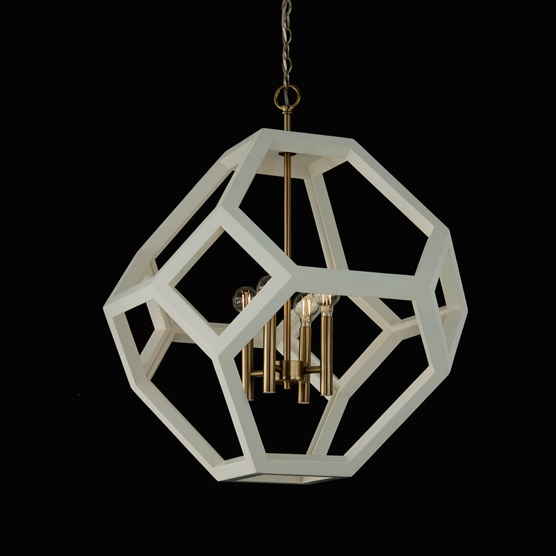24" W x 28" H 4-Light Geometric Orb Pendant in Matte Brass with Handcrafted Mango Wood Hand-painted Flat White