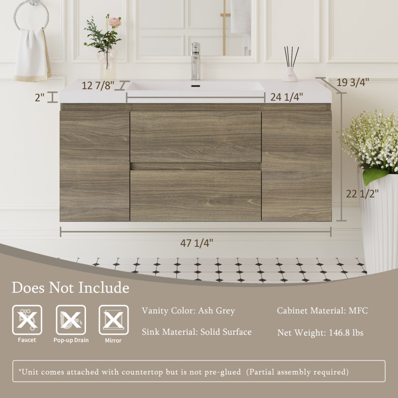 Meuble-lavabo flottant 48 po avec lavabo, meuble-lavabo mural moderne avec lavabo à surface solide et tiroirs à fermeture en douceur, gris cendré GF-24V11-48AG