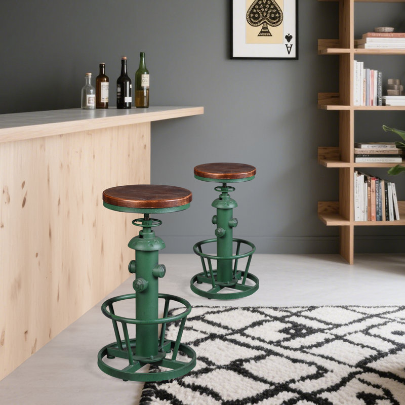 Antique Industrial Round Bottom Adjustable Height Cafe Retro Hydrant Stylish Water Pipe Design Pub Kitchen Bar Stool, Green