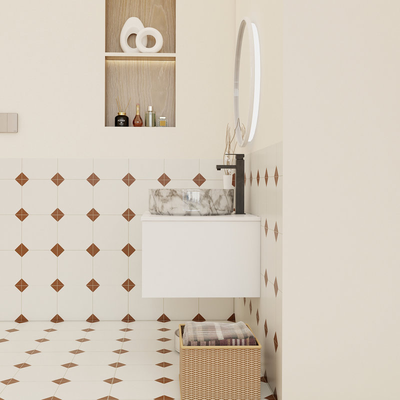 Meuble-lavabo mural de 24 pouces avec lavabo vasque en marbre veiné gris, rangement ouvert et finition blanche résistante à l'humidité pour les salles de bain modernes et compactes.
