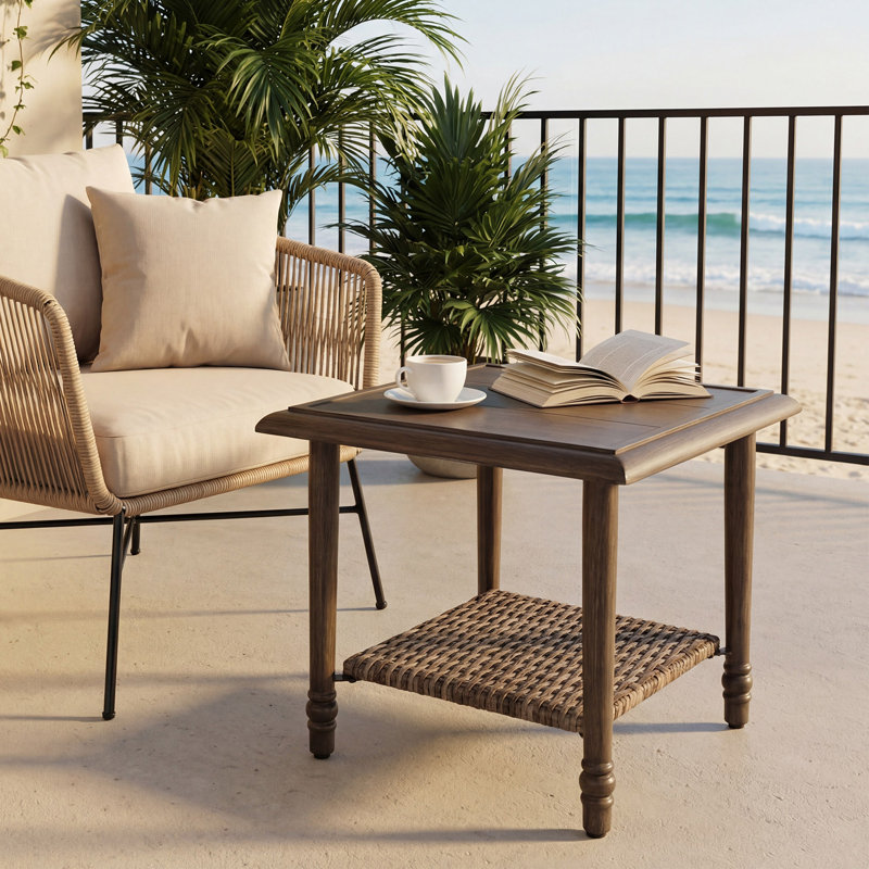 20 Inch Square Wicker Outdoor Side Table with Rattan Storage Shelf