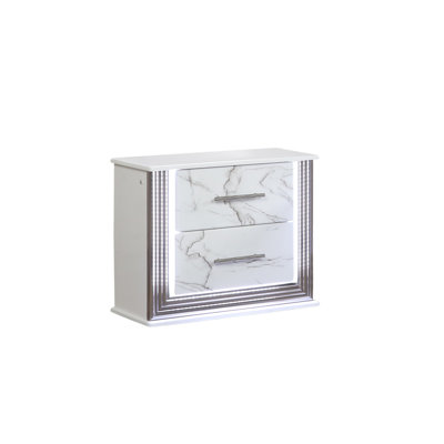 Table de chevet Desire - Façades de tiroirs d'inspiration marbre, éclairage latéral à DEL et garniture métallique pour un rangement de chevet glamour et pratique