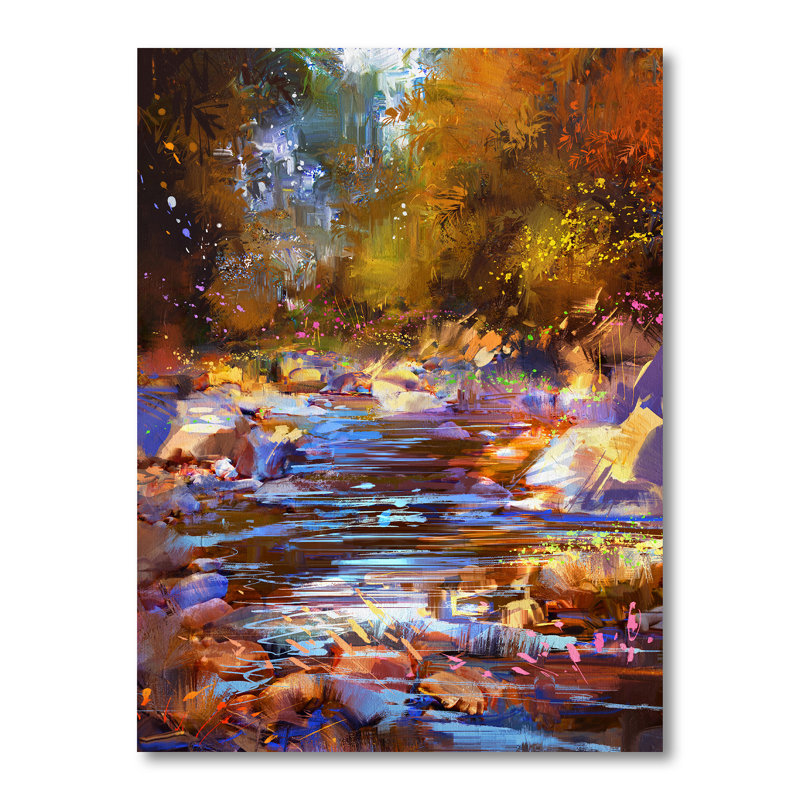 Fall River Lines with Stones in Forest - Peinture sur toile, Toile tendue, H 32 po x l 24 po x P 1 po