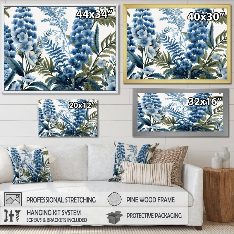 Fleurs de fougère bleues et vertes sur toile, H 24 po x l 32 po x P 1 po, Cadre photo argenté
