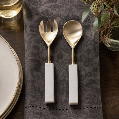 Ensemble d'ustensiles de service à salade Quartz en boîte pour table de salle à manger - Service de cuisine avec têtes en métal pour la restauration et le divertissement - Ensemble de 2, blanc et or