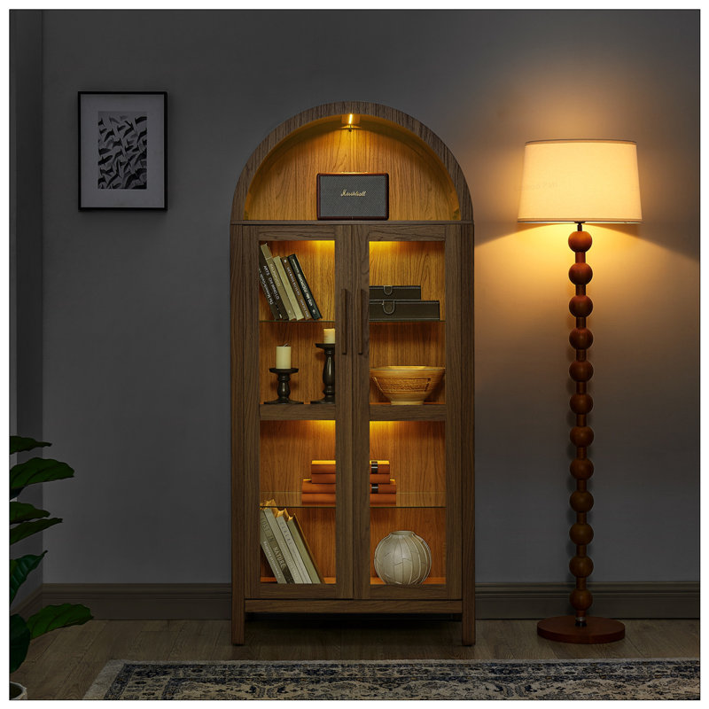 Modern Retro-Style Wooden Storage Cabinet With Adjustable Glass Partitions And High Arched Design, Ideal For Multi-Functional Kitchen Use