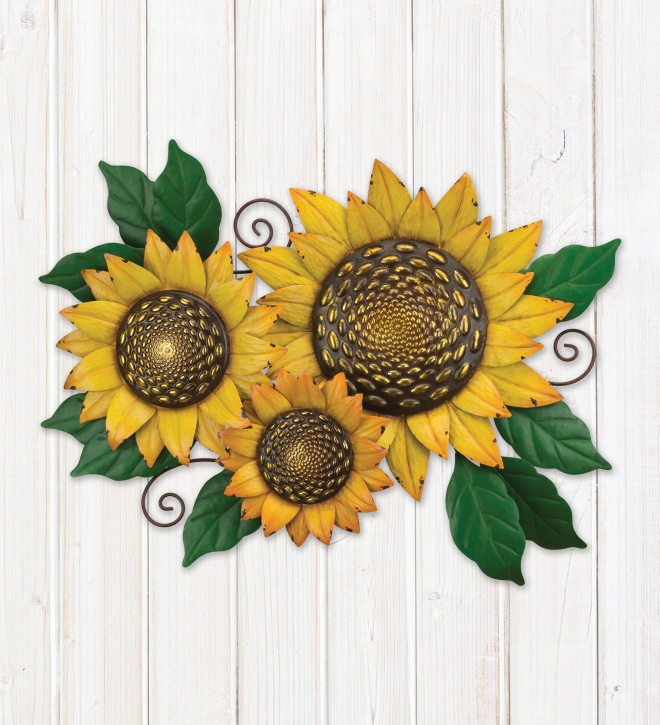 Rosalind Wheeler 31 Inch Wide Sunflower Trio Metal Outdoor Wall Decor