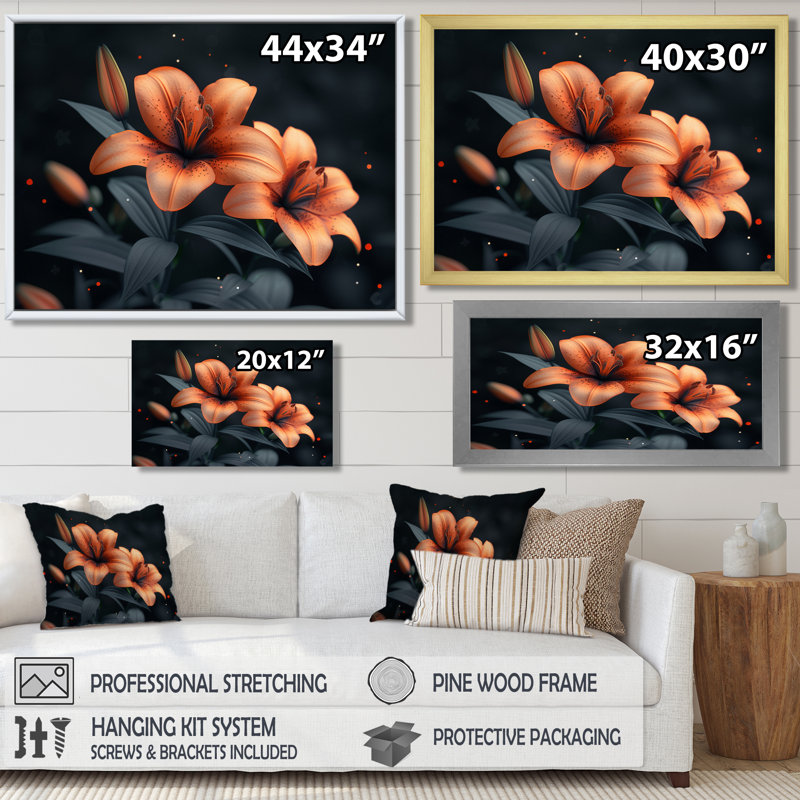 Orange orange, lis noir, printemps I, reproduction d'art mural, H 12 po x l 20 po, Cadre simple blanc