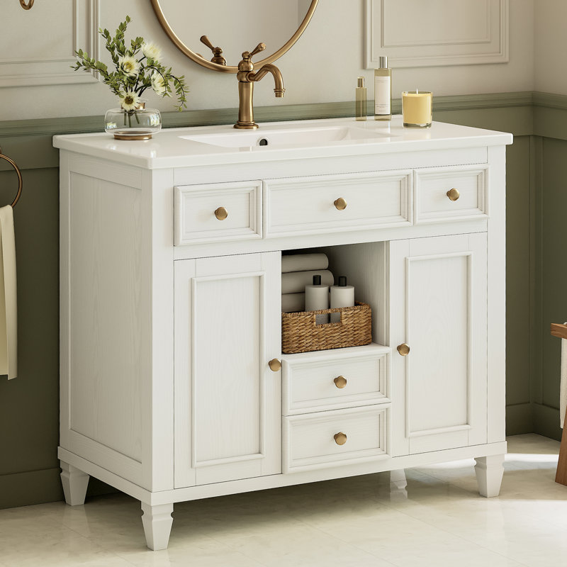 36" Bathroom Vanity With Ceramic Sink, White Vanity With Sink For Bathroom, Single Sink Bathroom Vanity With Drawers, Adjustable Shelves