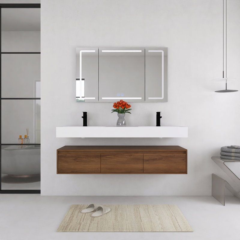 Double meuble-lavabo mural avec lavabo en résine, 3 tiroirs à fermeture en douceur, fixation à flotteur, 60.12", Brun ébène