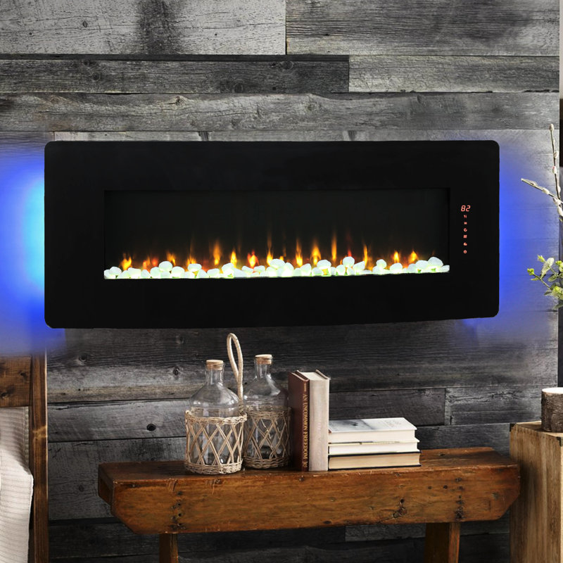 Foyer courbé 48 po - 5000 / H de chaleur, 11 réglages de température, flamme multicolore et, électrique mural / de table avec télécommande 4 couleurs, rétroéclairage, évent, thermolaqué