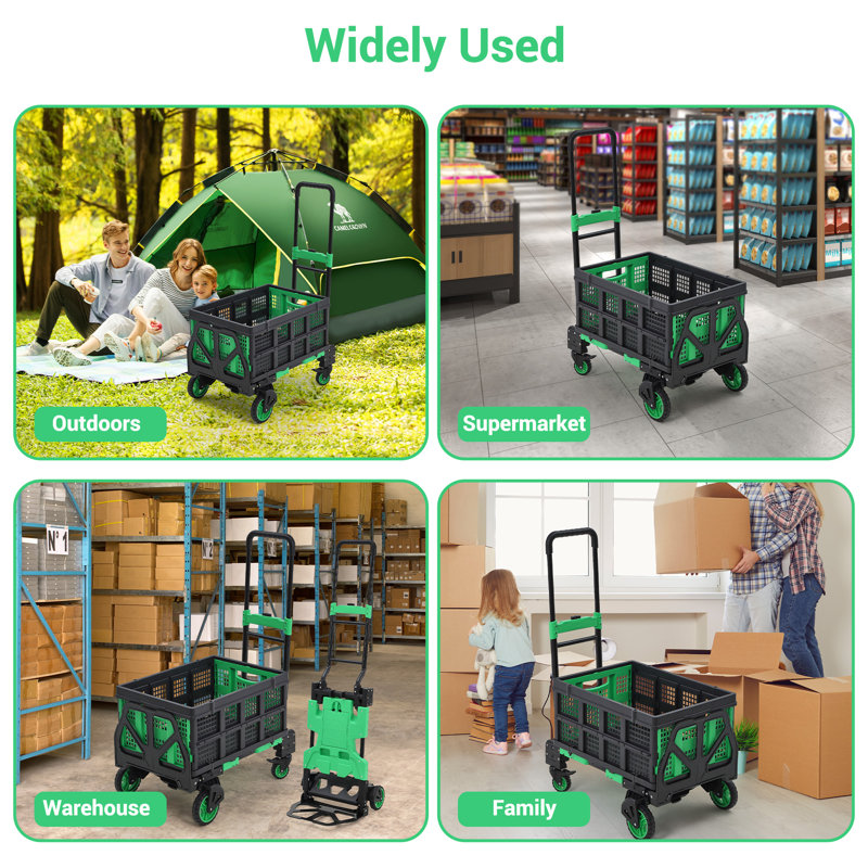 2-in-1 Heavy Duty Folding Hand Truck Dolly – 330 LB Capacity, Collapsible Storage Basket, Telescoping Handle, Rubber Wheels, Bungee Cord – Utility Cart for Moving, Office, Luggage, Warehouse