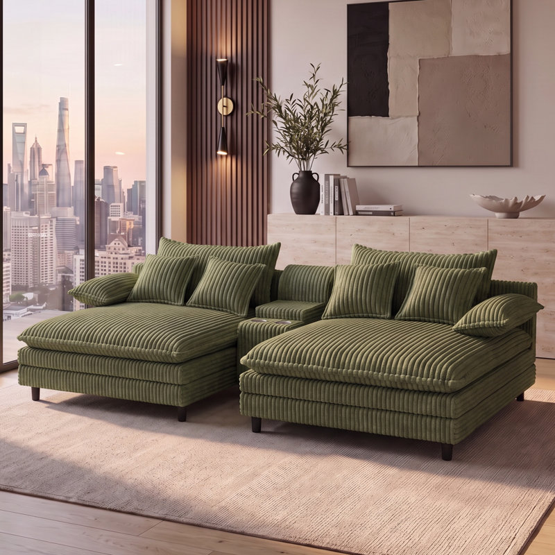 Ensemble de chaises longues d'intérieur en velours côtelé avec dossiers réglables Console USB et rangement, Orange