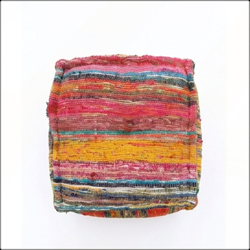Pouf carré Boho fabriqué à la main, tissu Chindi multicolore, 20 x 20 x 14 pouces, confortable et élégant pour la maison