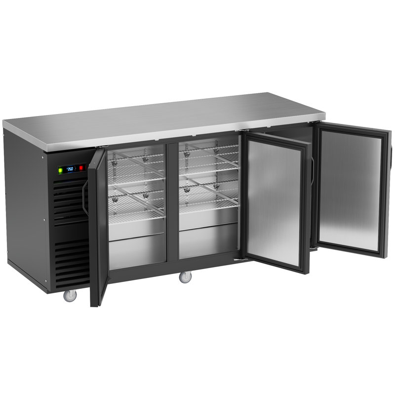 Réfrigérateur à barre arrière de 72 po de largeur Coolake avec comptoir en acier inoxydable, réfrigérateur à barre à hauteur de comptoir de 24,2 pieds cubes avec roulette, 3 portes pleines, armoire de refroidissement à barre arrière avec éclairage à DEL pour la bière de restaurant