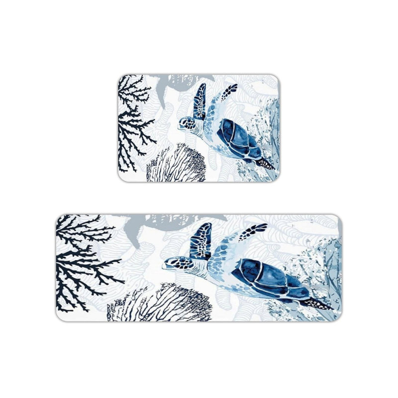 Tapis de cuisine bleu et blanc, 2 pièces pour tapis de cuisine et de salle de bain