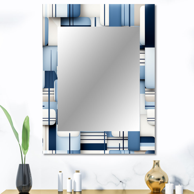 Hassane White And Blue Geometric Blocks Harmony - Geometric  Mirror, Modern Unique Wall Mirror, Printed Metal Art, 40" x 30"