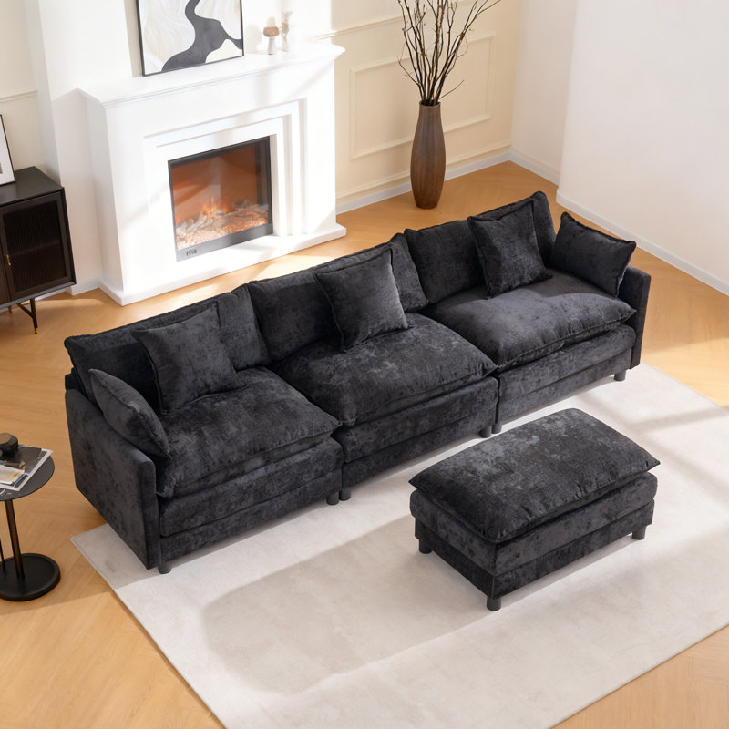 Canapé modulaire moderne en L en chenille avec repose-pieds mobile et coussins décoratifs, Chenille noir