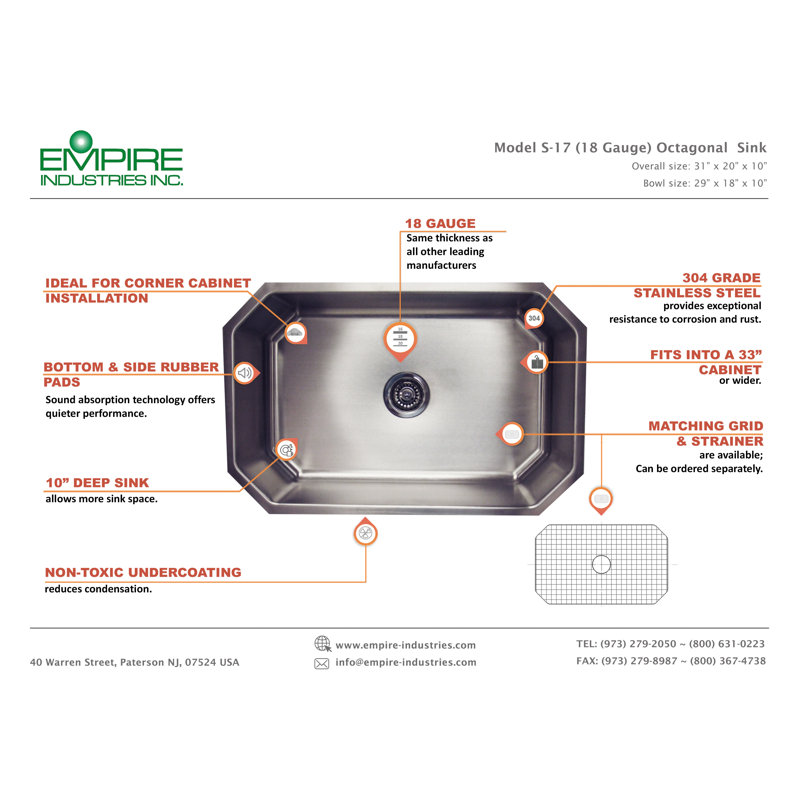 31" L x 10" W Undermount Kitchen Sink