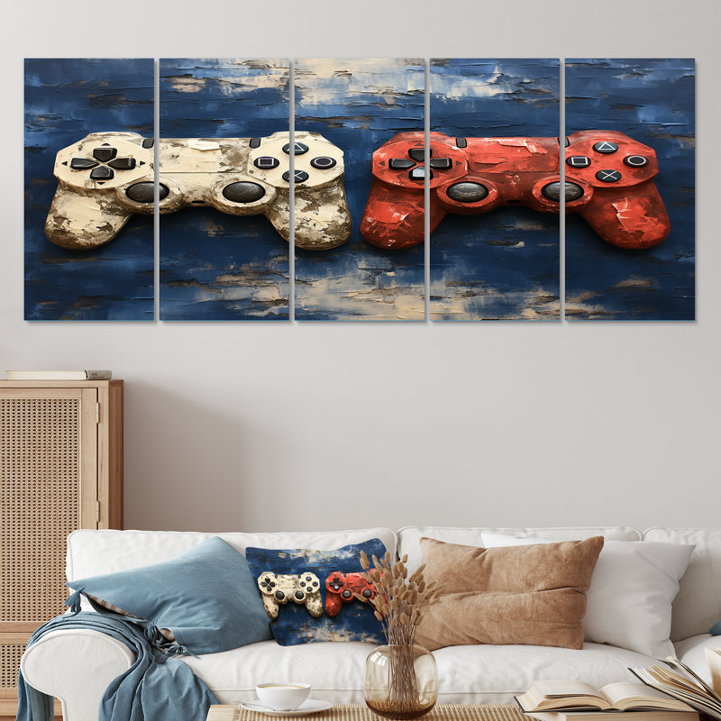 «White and Red Ps Video Game Controllers», ensemble de 5 pièces d'art mural, H 32 po x l 80 po