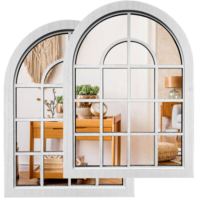 2‑Pack Rustic White Farmhouse Wall Mirror Set, Wood Framed Hanging Decorative Accent Mirror for Home Wall Decor