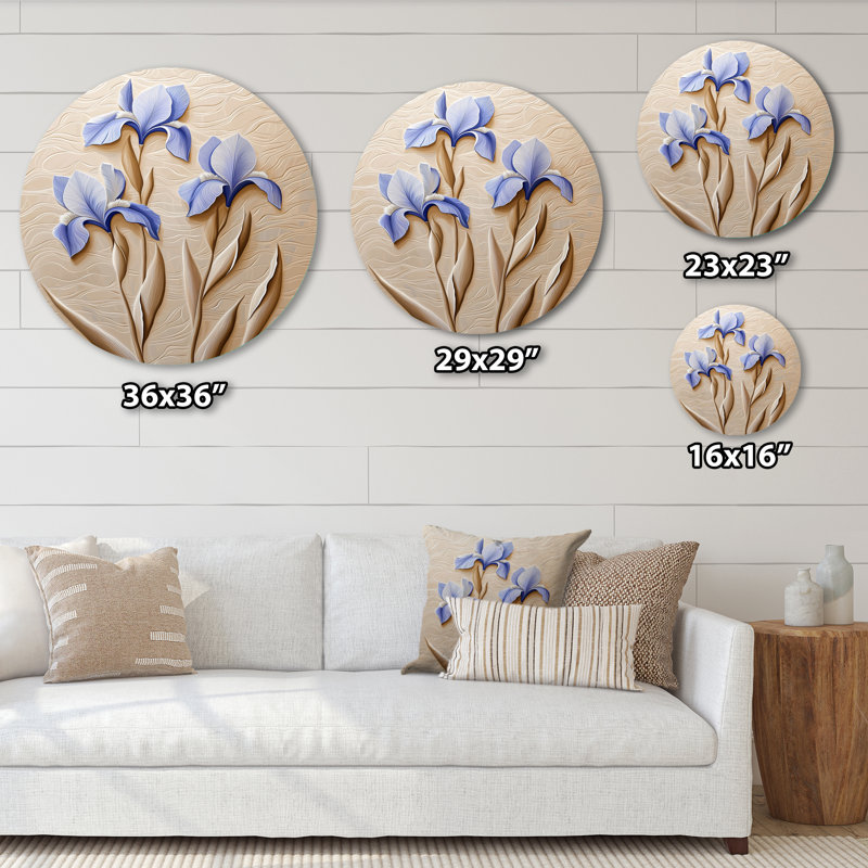 «Creamy Iris Garden Symphony», décoration murale moderne éclectique ronde, art mural de salon contemporain, H 23 po x l 23 po