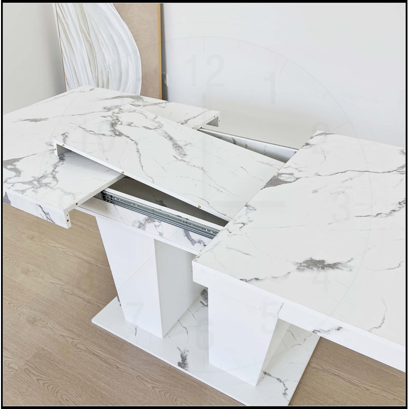 Table de salle à manger extensible pour 6-10, table de cuisine extensible en faux marbre blanc moderne avec base à double colonne, grand rectangle