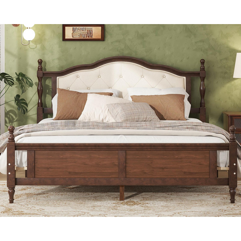 Grand lit en bois de pin élégant avec tête de lit tapissier, Brun
