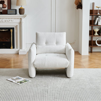 Ergonomic Sturdy Solid Wood Tufted Boucle Accent Chair, Easy Assembly Comfy Supportive Armchair with Lumbar Pillow, Perfect for Small Spaces Living Room Bedroom Office