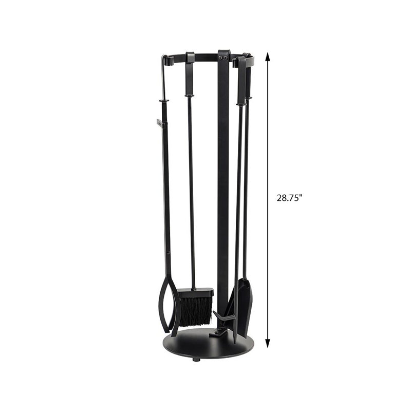 Modern Black Steel 5-Piece Fireplace Tool Set with Stand