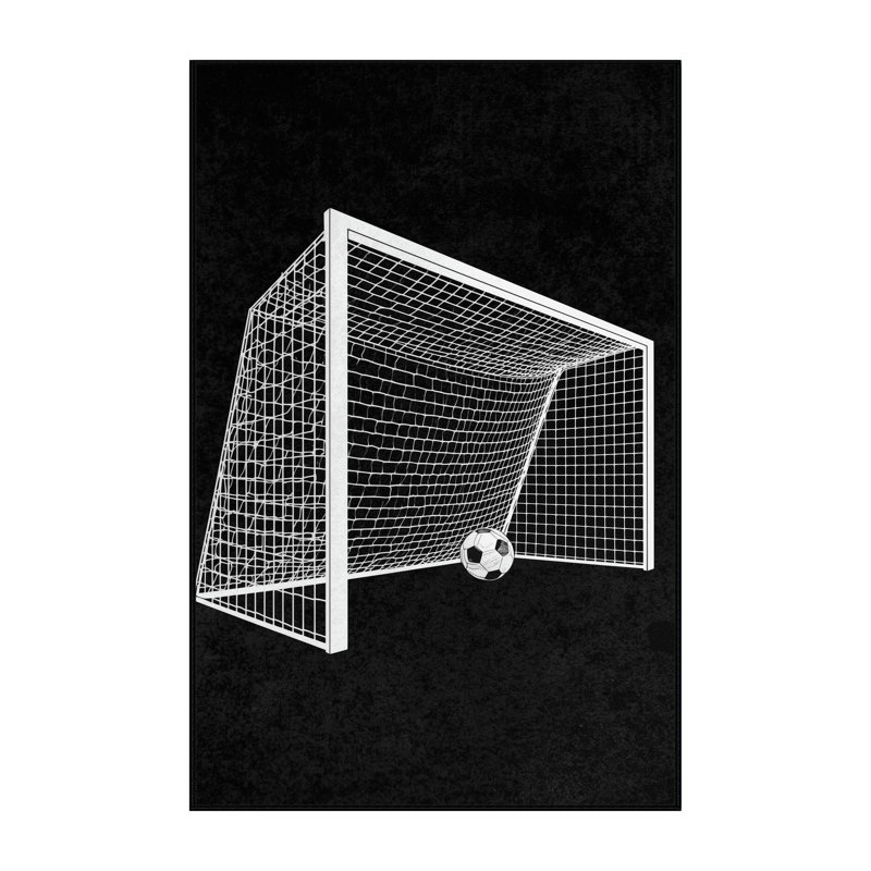 Tapis noir moelleux moelleux et moelleux à motif de scène de soccer moderne et contemporain Erhart, 5 x 7