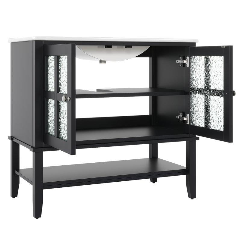 Meuble-lavabo 36 po avec lavabo en céramique et surface peinte imperméable, Noir