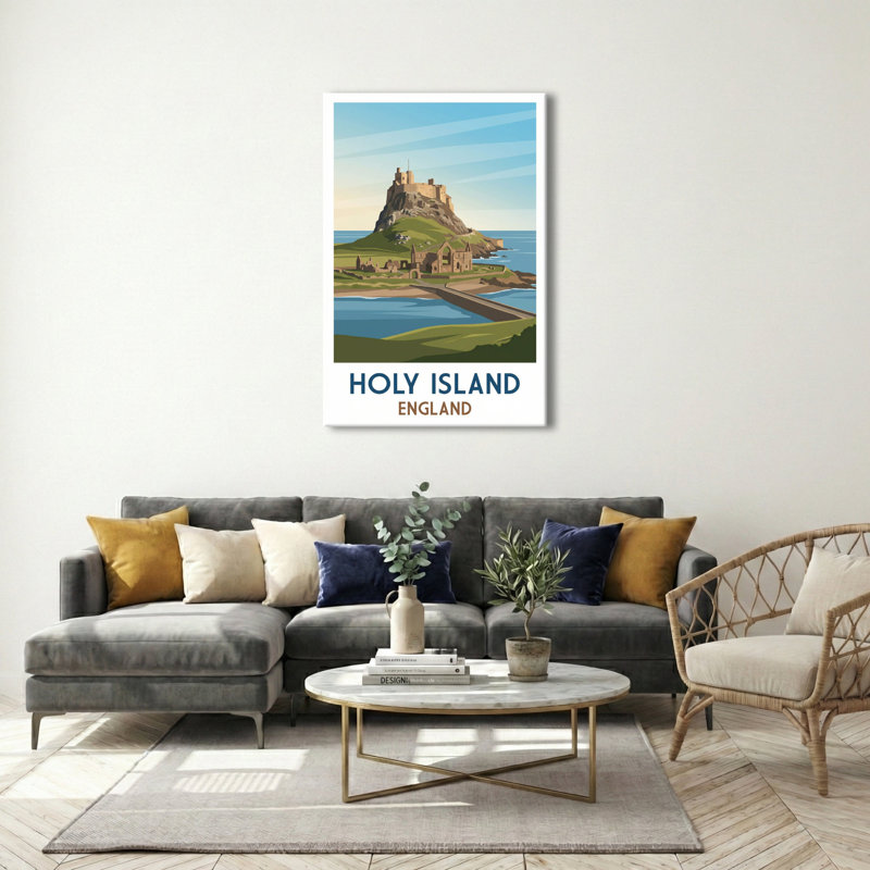 Holy Island, England - Lindisfarne Romance Travel Poster: Tidal Causeway and Castle. Giclee Print on Wrapped Canvas. Wall Art, Home Decor - Religious & Cultural Sites, England 1 Piece Wrapped Canvas Wall Art