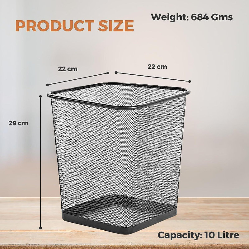 Meleah 10L Square Open Waste Bin Mesh Bins Nonslip Metal Bin Indoor Waste Paper Bin For Home Office