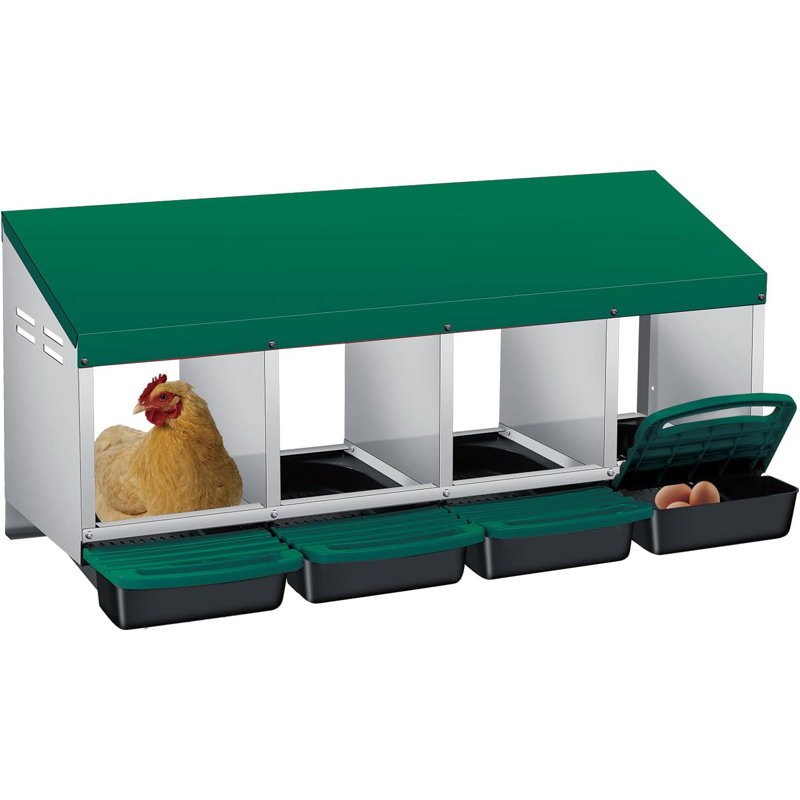 Boîtes de nidification pour poulets, boîte de ponte en acier galvanisé résistant aux intempéries à 4 trous avec perchoir à poignée et collection automatique d'œufs à enroulement, facile à nettoyer et à assembler rapidement pour le poulailler