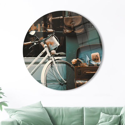 Vintage View Glass Wall Art Featuring a Bicycler and Suitcase for Home Decoration