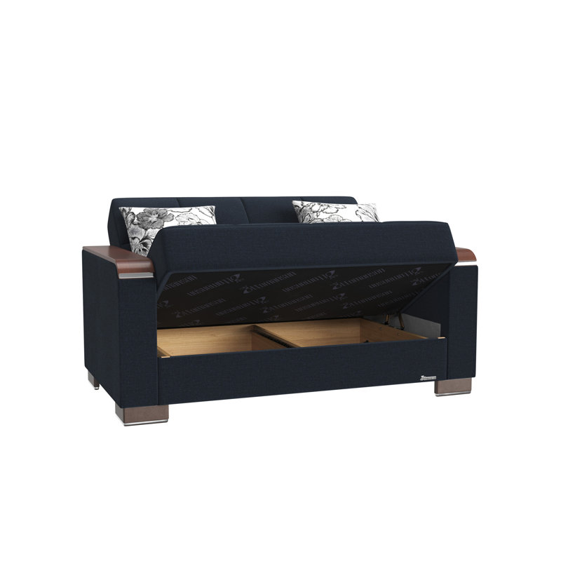 Causeuse rembourrée en bois avec rangement Primenest Zenaero X Collection, Chenille bleu foncé