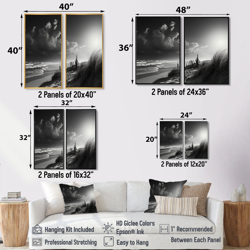 «Black and White Beach Scenery II - Black Coastal», art mural 2 pièces, H 36 po x l 48 po, Noir