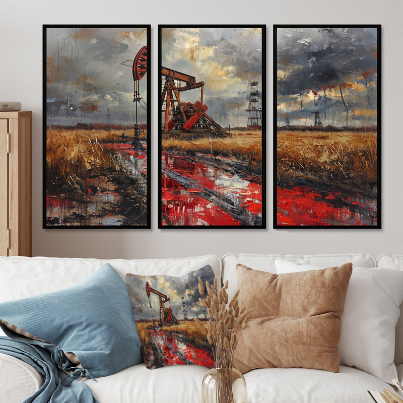 «Red Winter Oil Fields Industrial Icon I», ensemble d'art mural, H 28 po x l 36 po x P 1 po, Toile avec cadre flottant noir