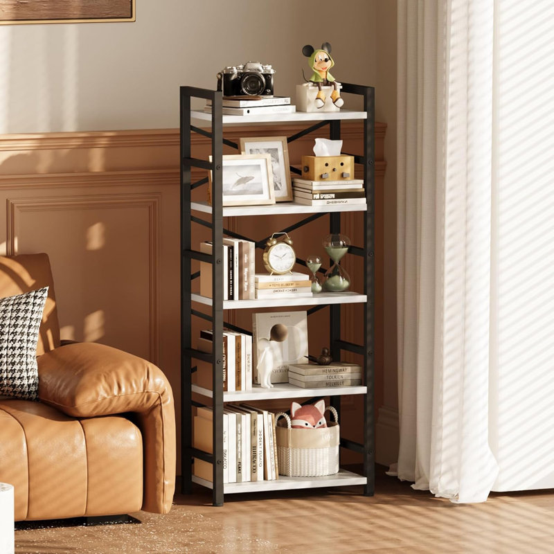5-Tier Bookshelf With Removable Fabric Drawer, Tall Narrow Bookcase For Home & Office, Industrial Wooden Display Shelves With Edge Protection & Anti-Tip Strap