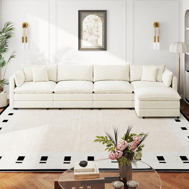 Canapé-lit en chenille moderne avec repose-pieds, H 33,85 po x l 147,22 po x P 35,82 po, Chenille beige