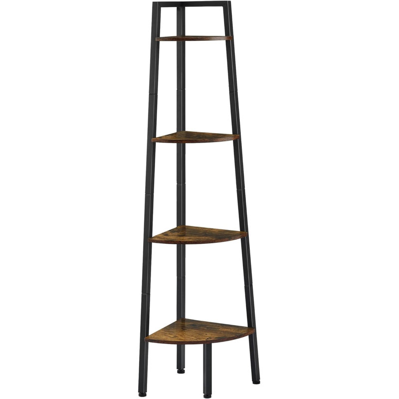 Tablette d'angle, bibliothèque d'angle à 4 niveaux, étagère d'angle rustique, étagère de présentation industrielle pour salon, cuisine, bureau personnel, balcon, petit espace, structure en métal, brun rustique